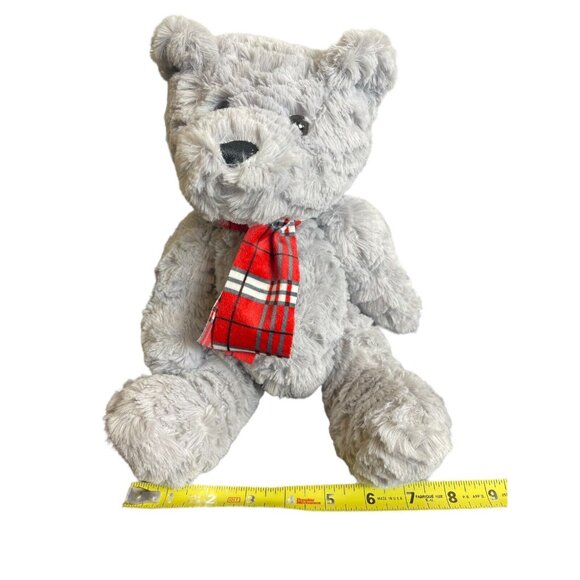 Gray Teddy Bear plush with red plaid winter scarf Sitting Stuffed Animal - Picture 3 of 5
